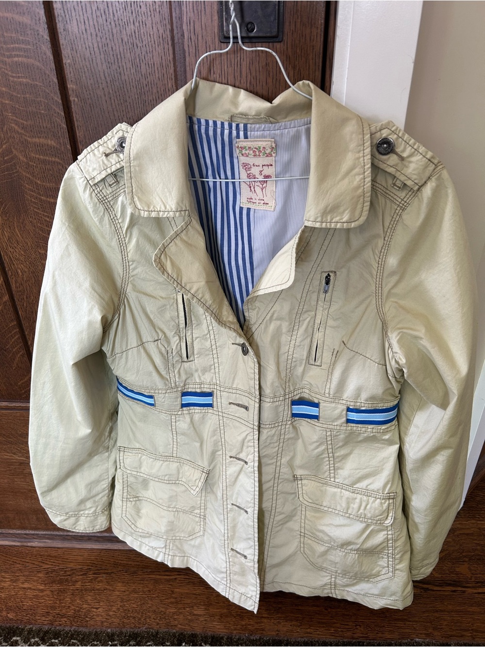 Free People Light Beige Utility Jacket with Blue Stripe Ribbon Accents